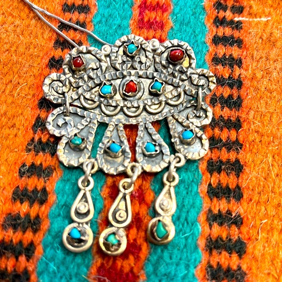 Jewelry - Vintage Sterling Silver Turquoise Coral Taxco Mexico Pendant Brooch necklace